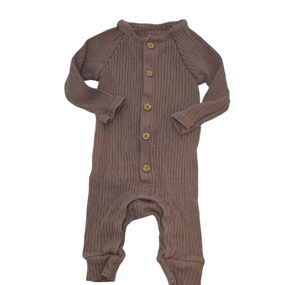 Grayson Collective Boy's Brown Ribbed‎ Long Sleeve Bodysuit 3-6Mo Cotton Rayon